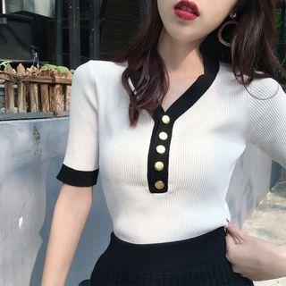 V-neck Two-tone Short-sleeve Knit Top