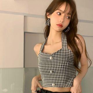 Halter Houndstooth Crop Tank Top Black - One Size