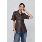 Elbow-sleeve Slim Faux-leather Shirt