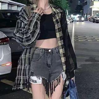 Plaid Panel Shirt / High Waist Distressed Hot Pants