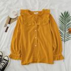 Ruffled Long-sleeve Plain Shirt Yellow - One Size