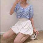Checked Puff-sleeve Blouse / High-waist Wide-leg Shorts