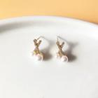 Rhinestone Cross Faux Pearl Earring 1 Pair - S925 Silver Stud Earrings - White & Gold - One Size