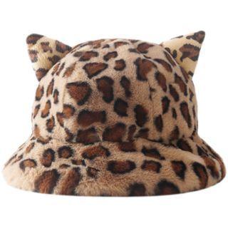 Cat Ear Leopard Print Chenille Bucket Hat