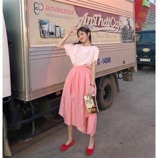Short-sleeve Peach Printed T-shirt / Plain A-line Skirt