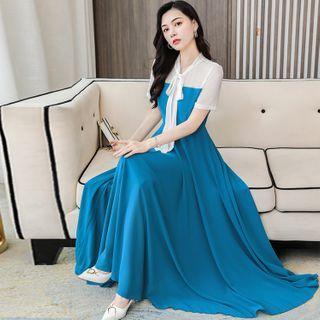 Short-sleeve Chiffon Panel Maxi A-line Dress