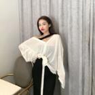 Long-sleeve Buttoned Asymmetrical Top / Split Hem Midi Skirt