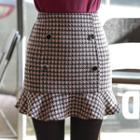 Buttoned Houndstooth Ruffle-hem Miniskirt