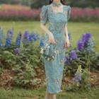 Short-sleeve Square-neck Floral Embroidered Split Midi Qipao Dress