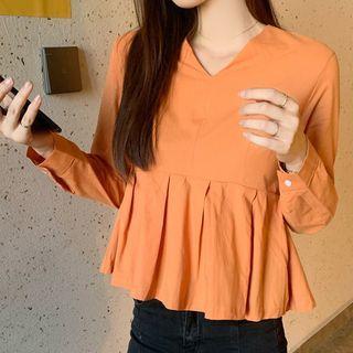 Long-sleeve Pleated V-neck Top