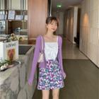 Ribbon Camisole Top / Floral Print Mini A-line Skirt / Cardigan