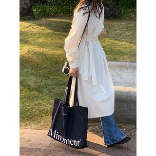 Long-sleeve Tie-waist Midi A-line Dress Milky Yellow - One Size