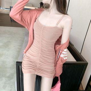 Spaghetti Strap Ruched Mini Sheath Dress / Ribbed Cardigan
