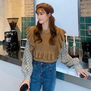 Long-sleeve Mock Two-piece Floral Knit Top