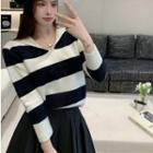 Striped Cropped Sweater / Pleated Mini A-line Skirt