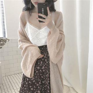 Spaghetti Strap Lace Top / Wide-sleeve Long Cardigan