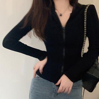 Hooded Long-sleeve Plain Knit Zip Jacket