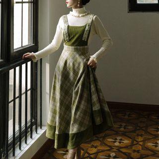 Set: Mock-neck Knit Top + Plaid Overall Dress