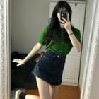 Short-sleeve Plain Cardigan / Denim Mini Pencil Skirt / Set