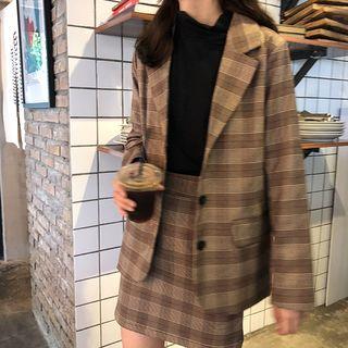 Set: Single-breasted Plaid Jacket + Skirt