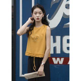 Sleeveless Ruffled Drawstring Printed T-shirt