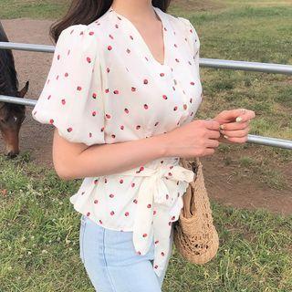 Short-sleeve Fruit Print Peplum Top