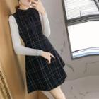 Long-sleeve Knit Top / Plaid Mini Pinafore Dress / Set