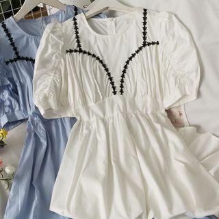 Contrasted Puff-sleeve Ruched Midi Dress