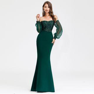 Puff-sleeve Mesh Sheath Evening Gown
