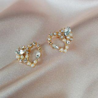 Rhinestone Faux Pearl Heart Earring 1 Pair - As Shown In Figure - One Size