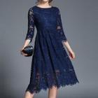 3/4 Sleeve Lace Overlay Midi Dress