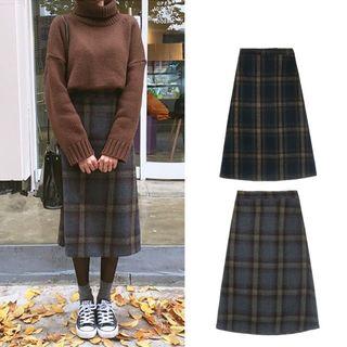 Check Woolen High-waist Skirt