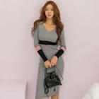 Long-sleeve Midi Sheath Knit Dress Gray - One Size