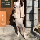Set: Open-front Cardigan + Rib-knit Skirt Beige - One Size
