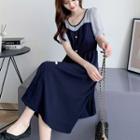Short-sleeve Two-tone Midi A-line Chiffon Dress