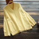 Plain V-neck Knit Top Yellow - One Size