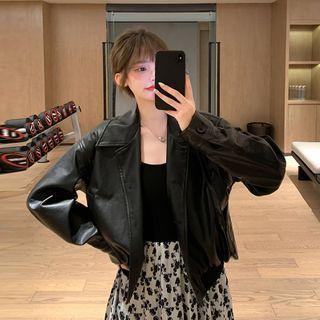 Faux Leather Button Jacket / Strappy Midi A-line Dress