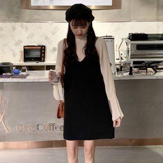 Mock-turtleneck Flare-cuff Blouse / Spaghetti Strap Mini Pinafore Dress
