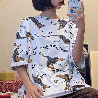 Crane Print Oversize Elbow-sleeve T-shirt