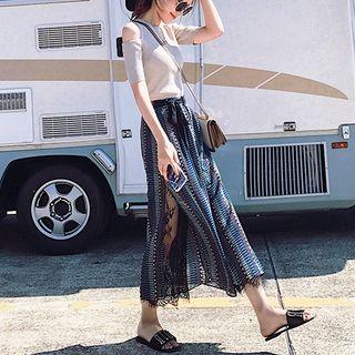 Set: Cold-shoulder Short-sleeve Top + Patterned Lace Panel Wide Leg Pants