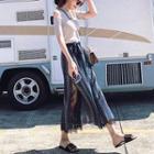 Set: Cold-shoulder Short-sleeve Top + Patterned Lace Panel Wide Leg Pants