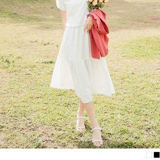 High Waist Plain Tiered Midi A-line Skirt