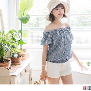 Off-shoulder Embroidered Smocked Top