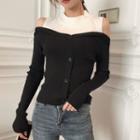 Two-tone Cold-shoulder Sweater Black - One Size