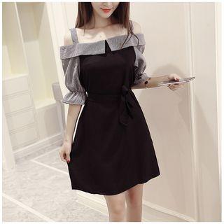 Elbow-sleeve Cutout-shoulder Panel A-line Dress