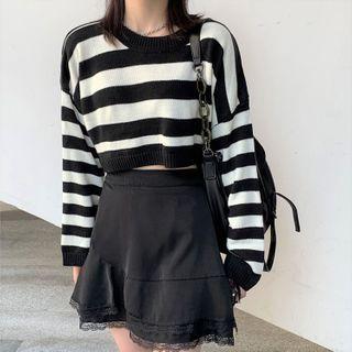 Striped Sweater / Lace Trim A-line Mini Skirt