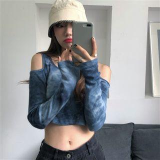 Long-sleeve Cold Shoulder Tie-dye Crop Top Blue - One Size