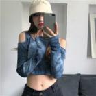 Long-sleeve Cold Shoulder Tie-dye Crop Top Blue - One Size