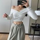 Long-sleeve Off-shoulder Twist-front Crop Top