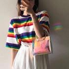 Elbow-sleeve Striped T-shirt / A-line Midi Tiered Skirt